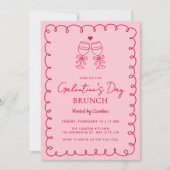 Handgetekende Roze Rode Galentine's Day Brunch Kaart (Voorkant)