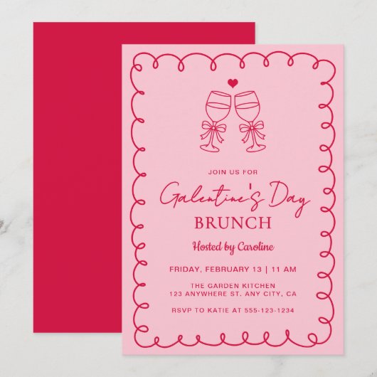 Handgetekende Roze Rode Galentine's Day Brunch Kaart (Voorkant / Achterkant)