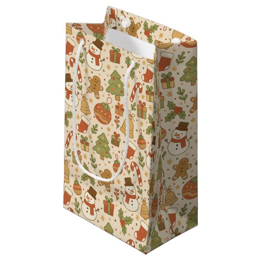 Handgetekende Rustieke Kerstpatroon Cadeautas (Voorkant Gekanteld)