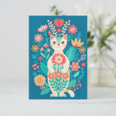 Handgetekende schattige volkskunst kat en bloemen bedankkaart (Staand voorkant)
