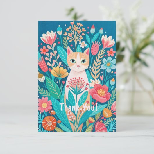 Handgetekende schattige witte kat en bloemen bedankkaart (Staand voorkant)