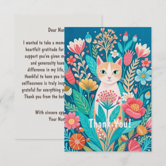 Handgetekende schattige witte kat en bloemen bedankkaart (Voorkant / Achterkant)