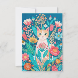 Handgetekende schattige witte kat en bloemen bedankkaart