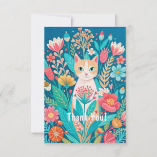 Handgetekende schattige witte kat en bloemen bedankkaart