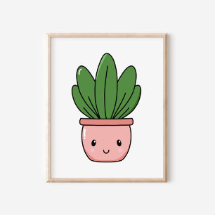 Handgetekende Schattigee Kawaii Potted Plant Art Poster