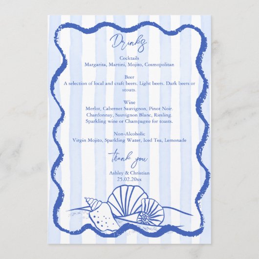 Handgetekende schets schelpen strand bruiloft Menu (Achterkant)