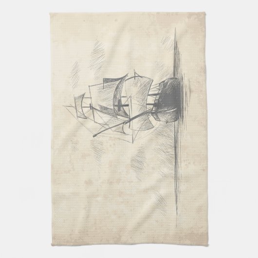  handgetekende schets van schip theedoek (Verticaal)