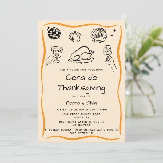 Handgetekende Spaanse Thanksgiving Dinner Invitati Kaart (Staand voorkant)