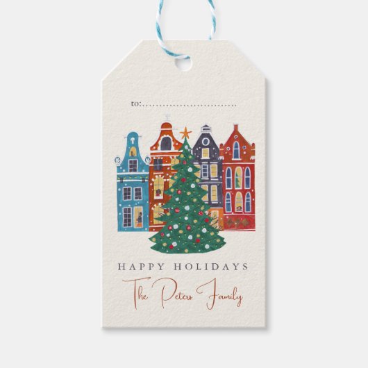Handgetekende Stad Amsterdam Kerstmis Cadeaulabel (Voorkant)