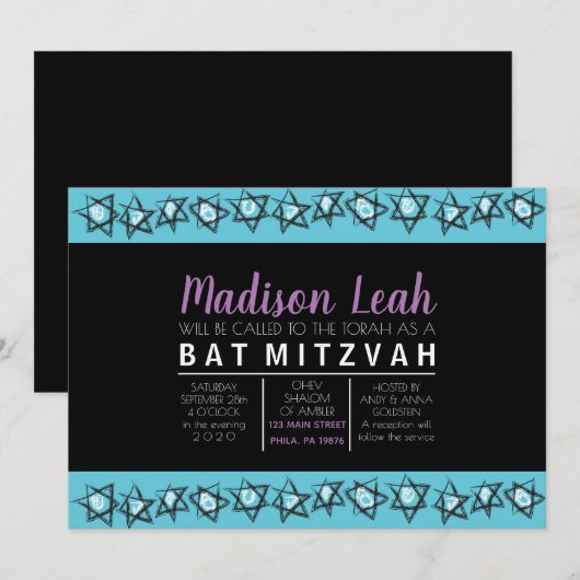 HANDGETEKENDE STERREN Bar/Bat Mitswa Uitnodiging (Voorkant / Achterkant)