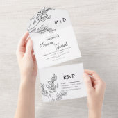 Handgetekende tak blad zwart-wit bruiloft    all in one uitnodiging (Afscheurbaar)