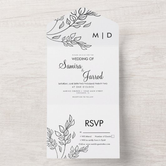 Handgetekende tak blad zwart-wit bruiloft    all in one uitnodiging (Binnen)