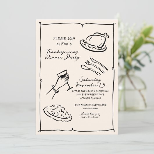 Handgetekende Thanksgiving Dinner Invitation Feestdagenkaart (Staand voorkant)