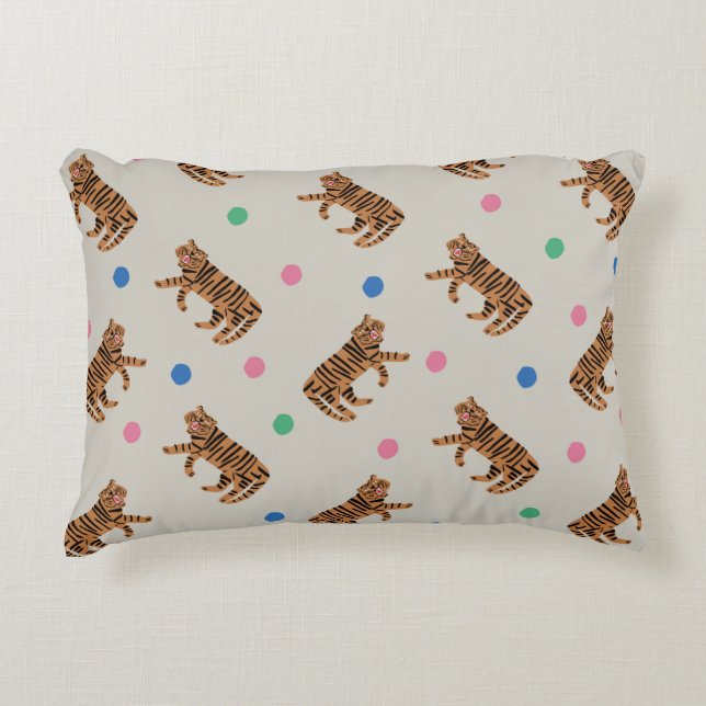  handgetekende tijger en kleurrijke polka stippen  accent kussen (Voorkant)