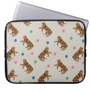  handgetekende tijger en kleurrijke polka stippen  laptop sleeve