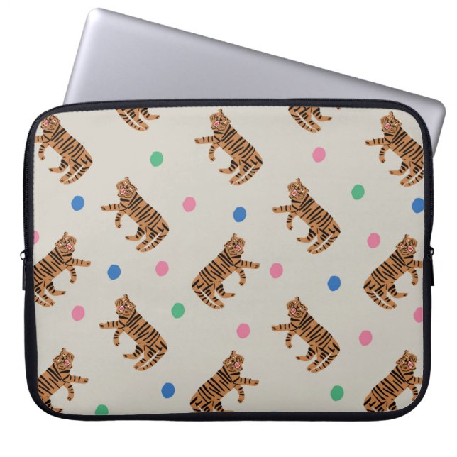  handgetekende tijger en kleurrijke polka stippen  laptop sleeve (Voorkant)