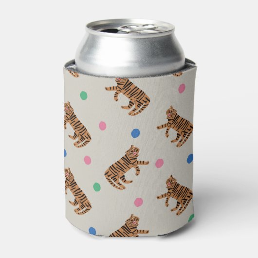Handgetekende tijger, stippen polka: levendig patr blikjeskoeler (Blikje Voorkant)