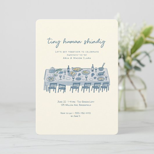 Handgetekende Tiny Human Shindig Baby Shower Kaart