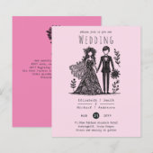 Handgetekende Trouwkaart Bruid Bruidegom Roze (Voorkant / Achterkant)