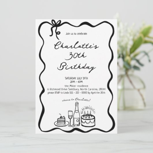 Handgetekende uitnodiging voor 30e verjaardag (Staand voorkant)