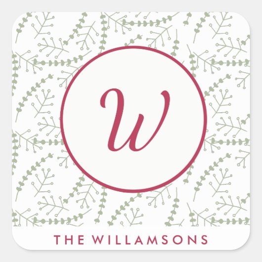 Handgetekende vakantietakken rood monogram vierkante sticker (Voorkant)