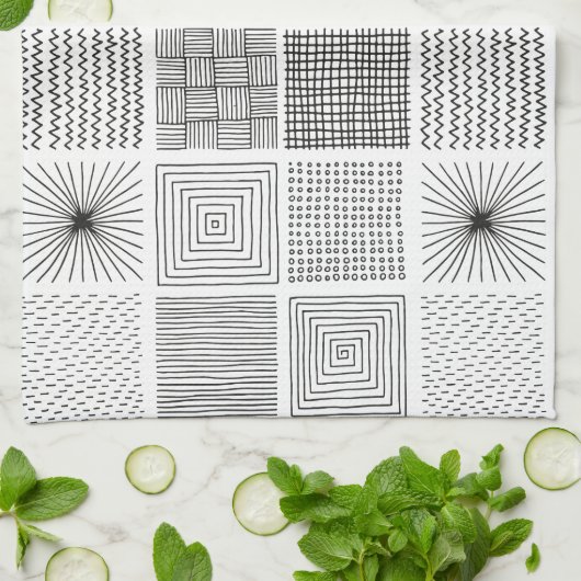 Handgetekende vierkantjes Abstract zwart/wit B/W Theedoek (Gevouwen)