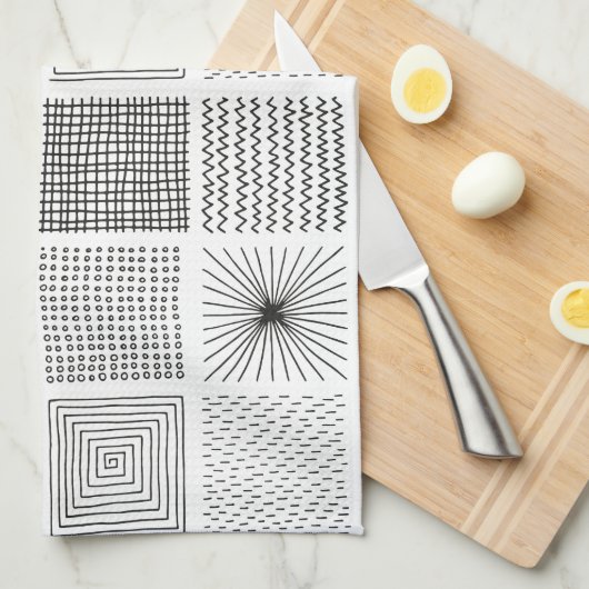 Handgetekende vierkantjes Abstract zwart/wit B/W Theedoek (Quarter Fold)