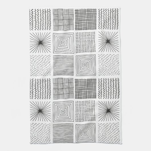 Handgetekende vierkantjes Abstract zwart/wit B/W Theedoek (Verticaal)