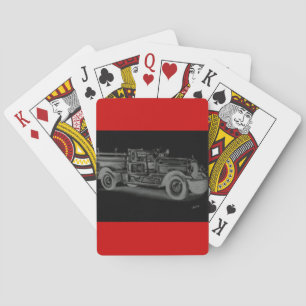 handgetekende vintage brandweerwagen omgekeerd pokerkaarten