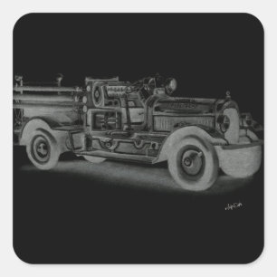 handgetekende vintage brandweerwagen omgekeerd vierkante sticker