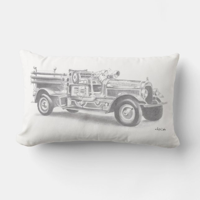 handgetekende vintage brandweerwagen schets kussen (Voorkant)