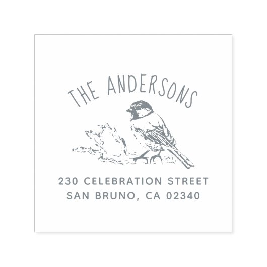 Handgetekende vogel gebogen familienaam retouradre  zelfinktende stempel (Design)