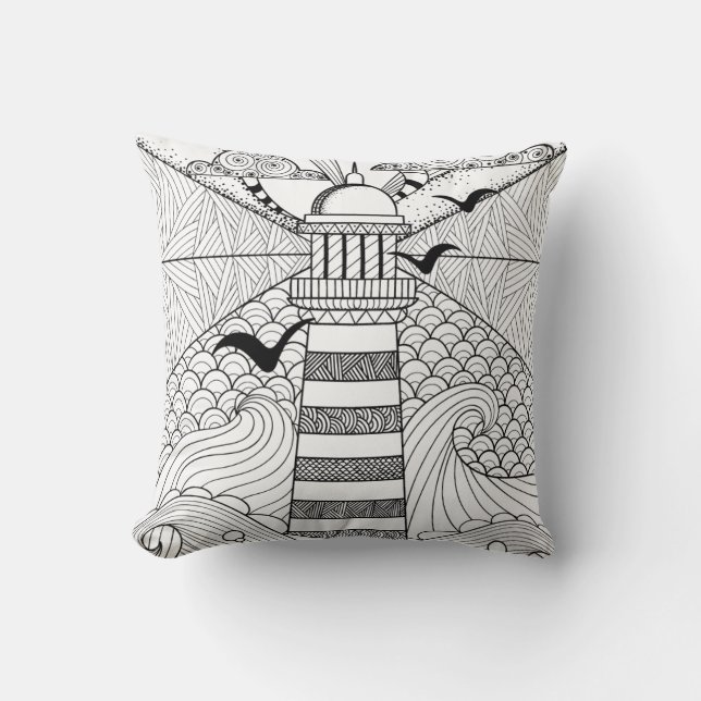 Handgetekende Vuurtoren Doodle Kussen (Voorkant)