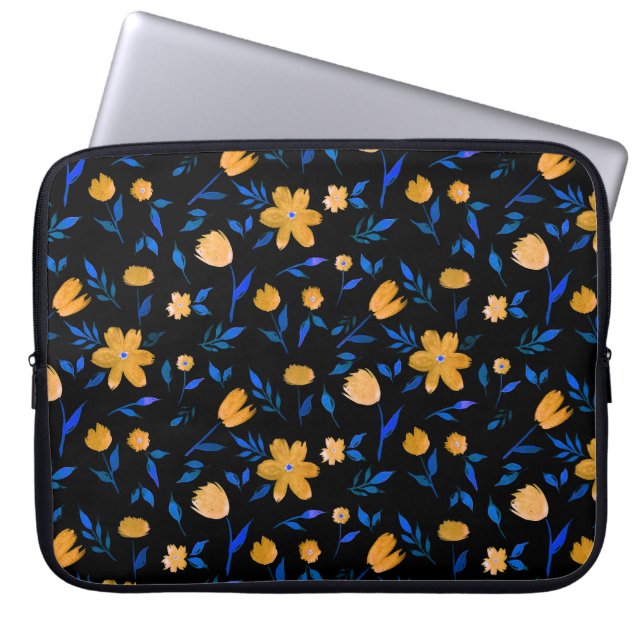 Handgetekende waterverf bloemen en bladeren patroo laptop sleeve (Voorkant)