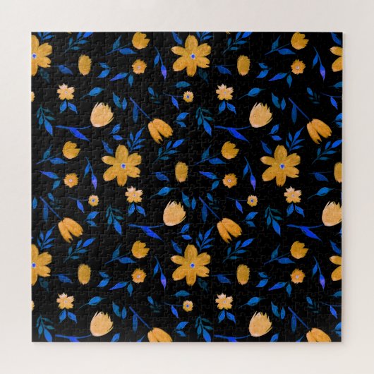 Handgetekende waterverf bloemen en bladeren patroo legpuzzel (Horizontaal)