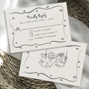 Handgetekende Whimsical Doodles Golvend Kader RSVP Kaartje