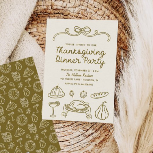 Handgetekende Whimsical Thanksgiving Dinner Uitnod Feestdagenkaart