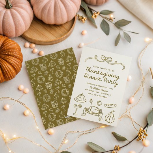 Handgetekende Whimsical Thanksgiving Dinner Uitnod Feestdagenkaart