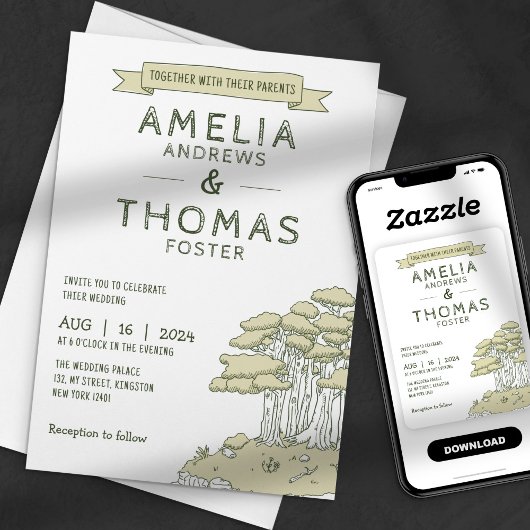 Handgetekende Whimsical Woodland Forest Wedding Kaart