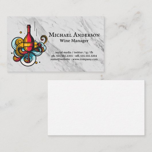 Handgetekende wijnfles en glas visitekaartje (Voorkant / Achterkant)