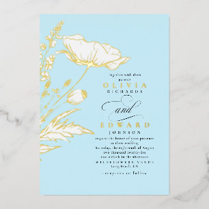 Handgetekende Wildbloemen Elegant Lichtblauw Bruil Folie Uitnodiging