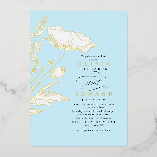 Handgetekende Wildbloemen Elegant Lichtblauw Bruil Folie Uitnodiging (Voorkant)