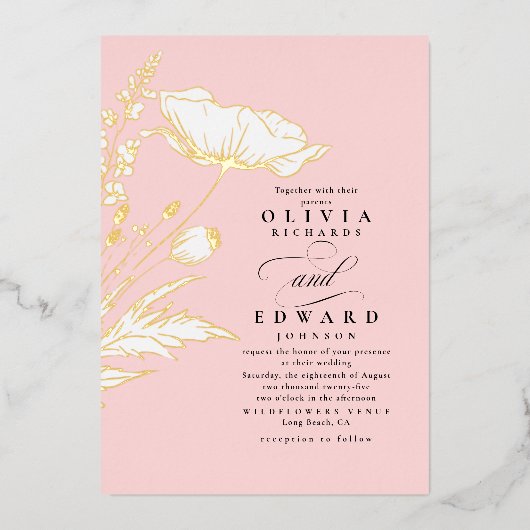 Handgetekende Wildbloemen Elegante Blush Roze Brui Folie Uitnodiging (Voorkant)