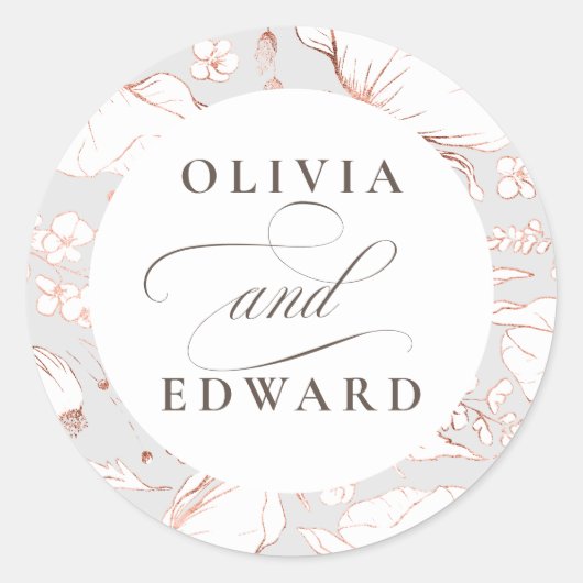 Handgetekende Wildbloemen Elegante Roze Gouden Bru Ronde Sticker (Voorkant)
