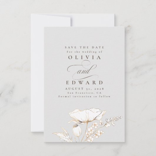 Handgetekende Wildbloemen Licht grijs Opslaan Datu Save The Date (Voorkant)