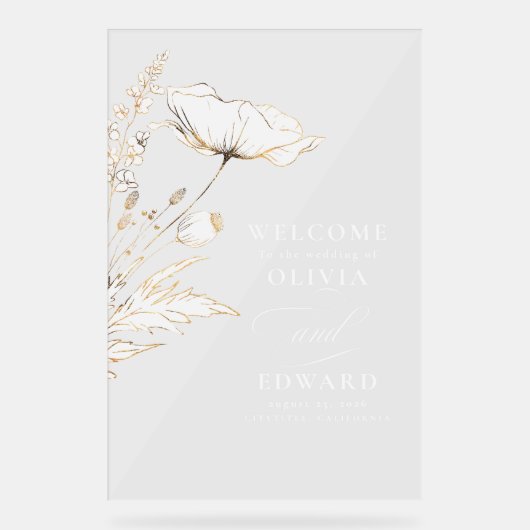 Handgetekende Wildbloemen Moderne Elegante Bruilof Acryl Bord (Voorkant)