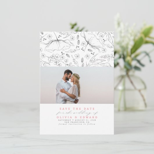 Handgetekende Wildbloemen Roze sparen de Datum Fot Save The Date (Staand voorkant)