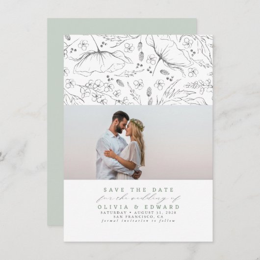 Handgetekende Wildbloemen Sage Save the Date Photo (Voorkant / Achterkant)