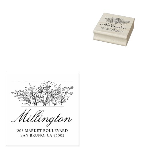 Handgetekende Wildflower Familienaam Retouradres Rubberstempel (Gestempeld)