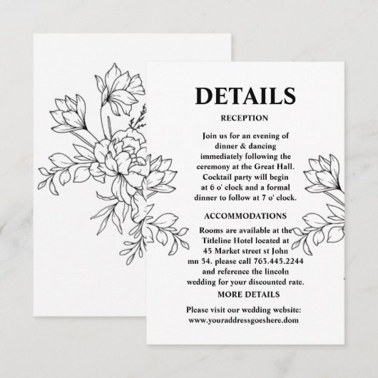 Handgetekende Wildflower Pattern Wedding Details Informatiekaartje (Voorkant / Achterkant)